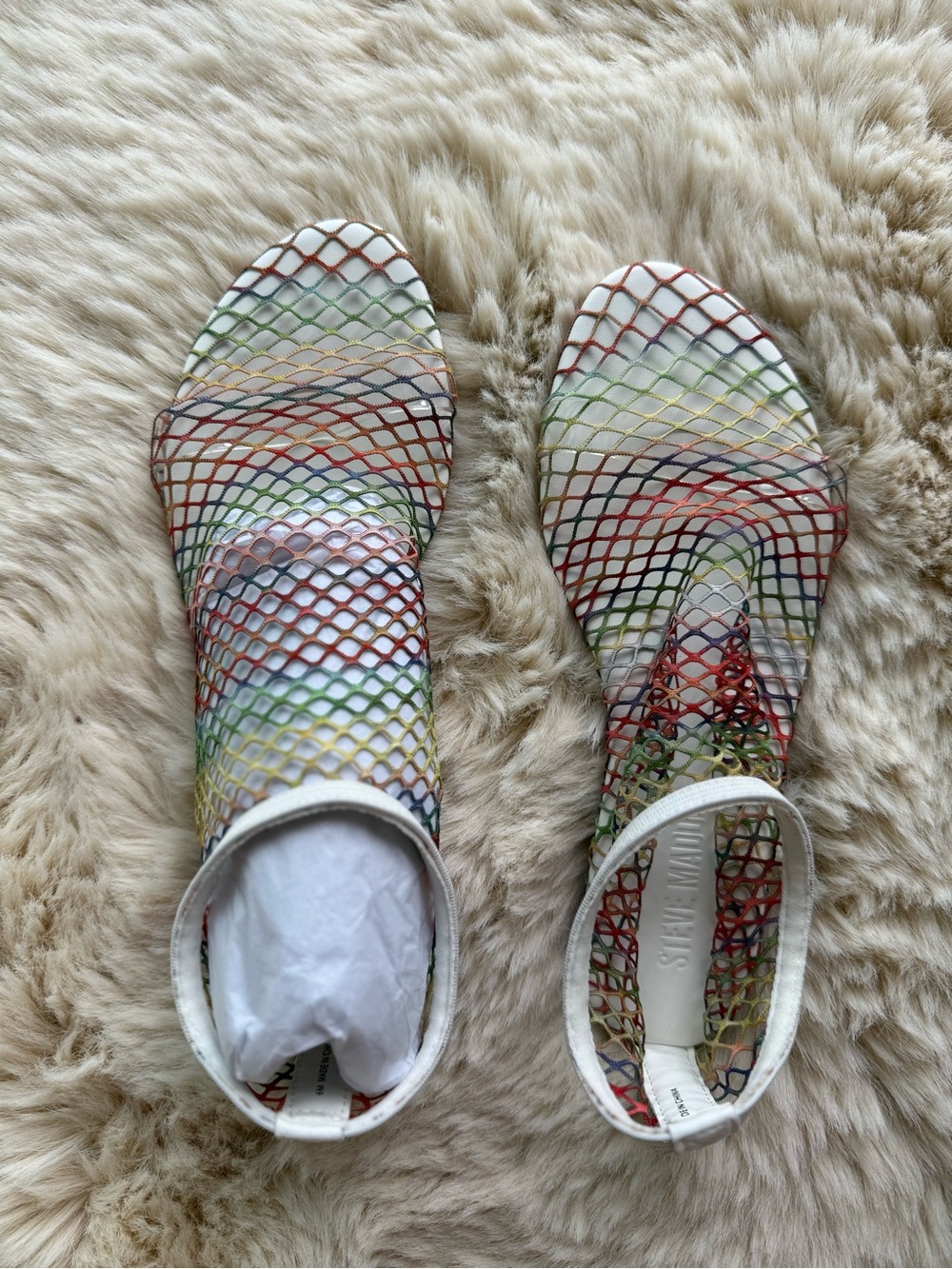 Steve Madden White Multicolor Mesh Ankle Strap Sandals